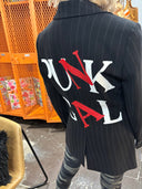 Custom Punk Pinstriped Blazer - Hand - Painted Anarchy Design with Metallic Safety Pin - Reckless Swagger