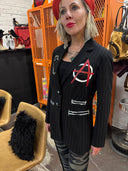 Custom Punk Pinstriped Blazer - Hand - Painted Anarchy Design with Metallic Safety Pin - Reckless Swagger