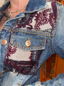 Denim Jacket Plum Paisley Details - Rock Ready Statement Piece - Reckless Swagger