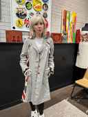 Distressed Grey Punk Coat - Red - Blue Fringe & Pink Lining - Reckless Swagger