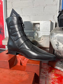 Grain Leather Black Winklepicker Boot 4-Skull buckle with low heel - Reckless Swagger