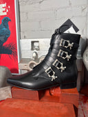 Grain Leather Black Winklepicker Boot 4-Skull buckle with low heel - Reckless Swagger