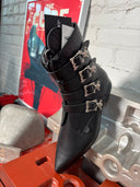 Grain Leather Black Winklepicker Boot 4-Skull buckle with low heel - Reckless Swagger