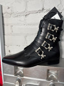 Grain Leather Black Winklepicker Boot 4-Skull buckle with low heel - Reckless Swagger