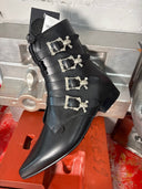 Grain Leather Black Winklepicker Boot 4-Skull buckle with low heel - Reckless Swagger