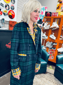 Green Tartan Coat with Yellow Tartan Contrast Lapel & Safety Pins - Reckless Swagger