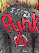 Grey Linen Striped Jacket with Neon Punk Pins - "I Know What I Want" Statement Piece - Reckless Swagger