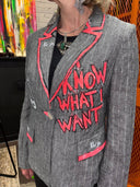Grey Linen Striped Jacket with Neon Punk Pins - "I Know What I Want" Statement Piece - Reckless Swagger