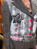 Hand - Painted Grey Peplum Jacket with Star & Pink Accents - Street Style Statement Piece - Reckless Swagger