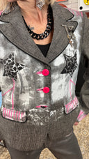 Hand - Painted Grey Peplum Jacket with Star & Pink Accents - Street Style Statement Piece - Reckless Swagger