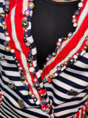 Luxury Blue White Pearl Embellished Knit Jacket - Double - Breasted Statement Piece - Reckless Swagger