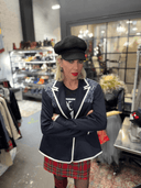 Navy Blue Knit Fully - Lined Classic Lady Jacket – Reworked with White Edging & Blue Bandana - Reckless Swagger