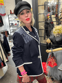 Navy Blue Knit Fully - Lined Classic Lady Jacket – Reworked with White Edging & Blue Bandana - Reckless Swagger