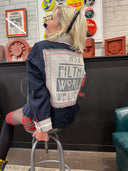 Navy Sateen Blazer reworked 'IT'S A FILTHY WORLD WITH LIVE IN" insert - Reckless Swagger