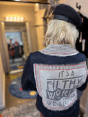 Navy Sateen Blazer reworked 'IT'S A FILTHY WORLD WITH LIVE IN" insert - Reckless Swagger