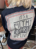 Navy Sateen Blazer reworked 'IT'S A FILTHY WORLD WITH LIVE IN" insert - Reckless Swagger