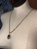 Necklace - Black Rutilated Quartz in Gold Leaf on long gold Rolo chain - Reckless Swagger