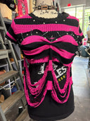 Pink & Black Shredded&Fitted Striped Punk Pin Top - Reckless Swagger