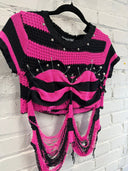 Pink & Black Shredded&Fitted Striped Punk Pin Top - Reckless Swagger