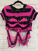 Pink & Black Shredded&Fitted Striped Punk Pin Top - Reckless Swagger