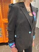 Pinstripe Puff Sleeve Jacket with Floral Silk Lapel & Frida Kahlo Back Insert - Reckless Swagger