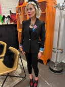 Pinstripe Puff Sleeve Jacket with Floral Silk Lapel & Frida Kahlo Back Insert - Reckless Swagger