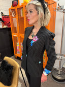 Pinstripe Puff Sleeve Jacket with Floral Silk Lapel & Frida Kahlo Back Insert - Reckless Swagger