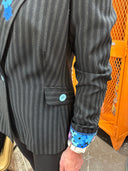 Pinstripe Puff Sleeve Jacket with Floral Silk Lapel & Frida Kahlo Back Insert - Reckless Swagger