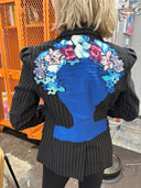 Pinstripe Puff Sleeve Jacket with Floral Silk Lapel & Frida Kahlo Back Insert - Reckless Swagger