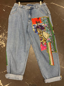Pleated Cuff Jeans with Indian Patch - Bohemian Denim Statement Piece - Reckless Swagger