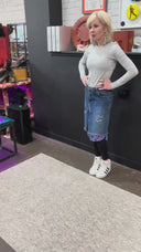 Floral-Lined Distressed Denim Skirt - Upcycled Grunge Romance