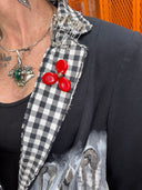 Punk Gingham Lapel Jacket with Metallic Safety Pins - Edgy Statement Piece - Reckless Swagger