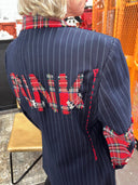 Punk Unisex Jacket - Red Tartan Upcycled Statement Piece with Lettering & Pins - Reckless Swagger