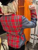 Red Tartan Chambray Box Jacket with Bondage Buckles - Edgy Designer Outerwear - Reckless Swagger