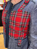 Red Tartan Chambray Box Jacket with Bondage Buckles - Edgy Designer Outerwear - Reckless Swagger