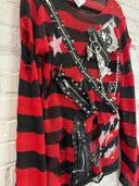 Red&Black Stripe Zip Shredded Punk Sweater - Reckless Swagger