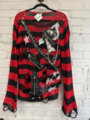 Red&Black Stripe Zip Shredded Punk Sweater - Reckless Swagger