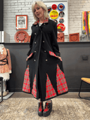 Reworked Red Tartan Full - Length Black Wool Peacoat — One - of - a - Kind Handcrafted Punk Statement Exclusive Reckless Swagger - Reckless Swagger
