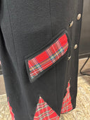 Reworked Red Tartan Full - Length Black Wool Peacoat — One - of - a - Kind Handcrafted Punk Statement Exclusive Reckless Swagger - Reckless Swagger