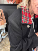 Reworked Red Tartan Full - Length Black Wool Peacoat — One - of - a - Kind Handcrafted Punk Statement Exclusive Reckless Swagger - Reckless Swagger