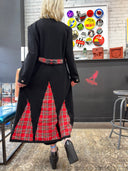 Reworked Red Tartan Full - Length Black Wool Peacoat — One - of - a - Kind Handcrafted Punk Statement Exclusive Reckless Swagger - Reckless Swagger