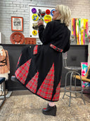 Reworked Red Tartan Full - Length Black Wool Peacoat — One - of - a - Kind Handcrafted Punk Statement Exclusive Reckless Swagger - Reckless Swagger