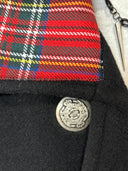 Reworked Red Tartan Full - Length Black Wool Peacoat — One - of - a - Kind Handcrafted Punk Statement Exclusive Reckless Swagger - Reckless Swagger