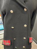 Reworked Red Tartan Full - Length Black Wool Peacoat — One - of - a - Kind Handcrafted Punk Statement Exclusive Reckless Swagger - Reckless Swagger