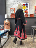 Reworked Red Tartan Full - Length Black Wool Peacoat — One - of - a - Kind Handcrafted Punk Statement Exclusive Reckless Swagger - Reckless Swagger