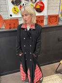 Reworked Red Tartan Full - Length Black Wool Peacoat — One - of - a - Kind Handcrafted Punk Statement Exclusive Reckless Swagger - Reckless Swagger