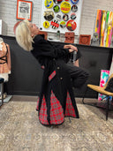 Reworked Red Tartan Full - Length Black Wool Peacoat — One - of - a - Kind Handcrafted Punk Statement Exclusive Reckless Swagger - Reckless Swagger