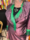 Shantung Silk Plum Skirt Suit with Kelly Green Tassel Details - Statement Formal Wear - Reckless Swagger