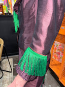 Shantung Silk Plum Skirt Suit with Kelly Green Tassel Details - Statement Formal Wear - Reckless Swagger