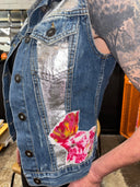Silver Floral Hand - Painted Denim Vest - Fitted Punk Statement Piece - Reckless Swagger